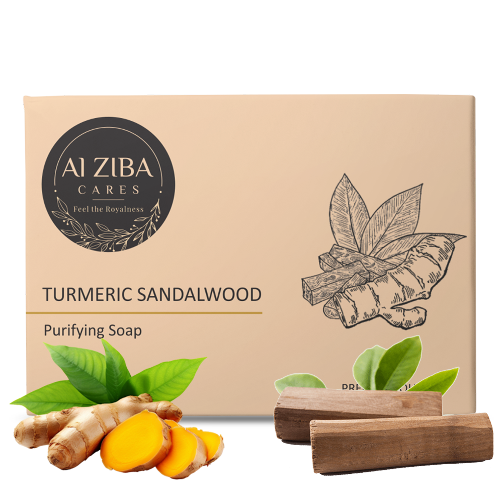 ALZIBA CARES Turmeric Sandalwood Soap (Pack of 4)  with Turmeric, Sandalwood, Aloe Vera and Glycerine  | For Purifying, Calming and Moisturising Skin   | High TFM (Grade 1), Vegan  | For all Skin Types  | 100G * 4 Soap Bar