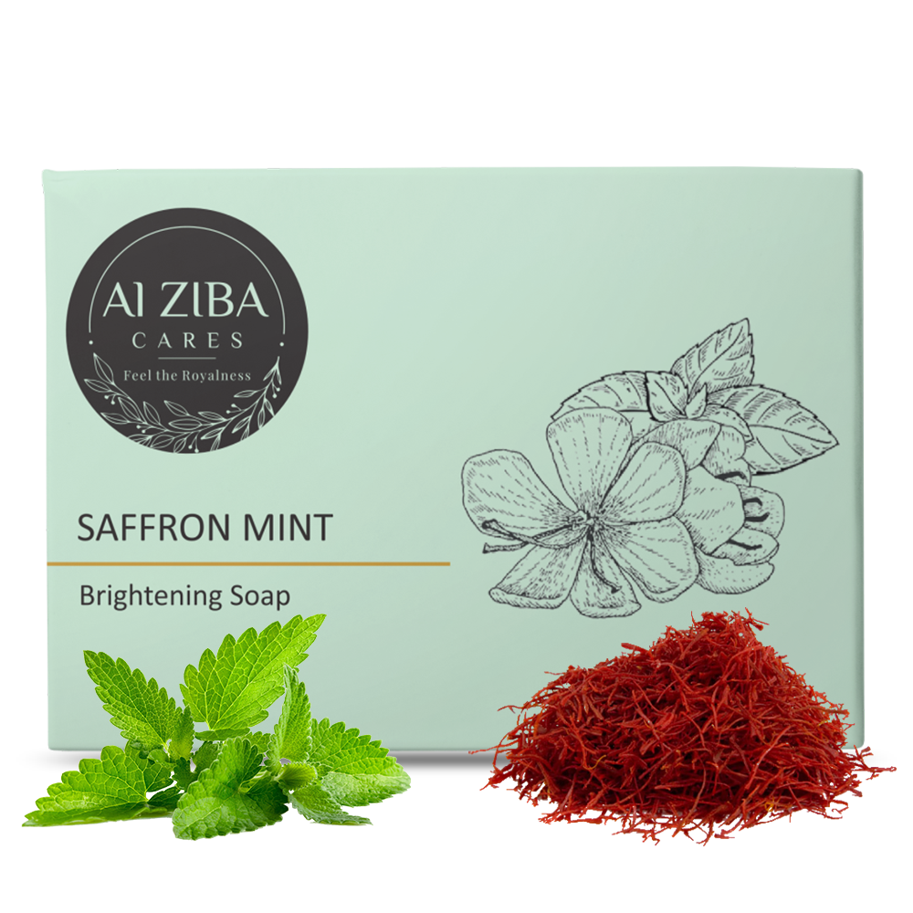 ALZIBA CARES Saffron Mint Soap (Pack of 4)  with Saffron, Mint & Cinnamon Oil  | For Brightening,  Cooling and Clear Skin  | High TFM (Grade 1), Vegan  | For all Skin Types  | 100G * 4 Soap Bar