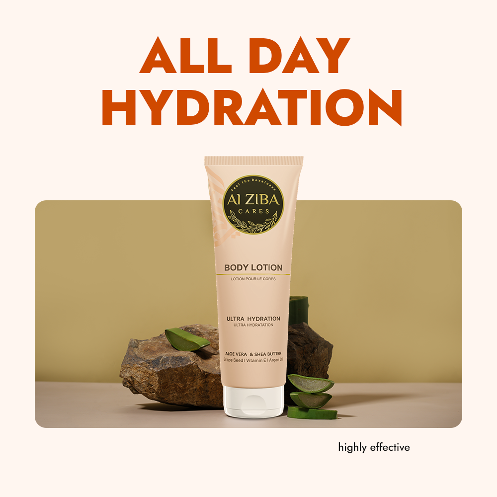 ALZIBA CARES Ultra Hydration Body Lotion with Shea Butter, Aloe Vera, Grape Seed, Argan Oil and Vitamin E | For All Day Hydrated, Protected, Soft and Supple Skin | 180 ML | For Men and Women & All Skin Types ALZIBA CARES Ultra Hydration Body Lotion with Shea Butter, Aloe Vera, Grape Seed, Argan Oil and Vitamin E | For All Day Hydrated, Protected, Soft and Supple Skin | 180 ML | For Men and Women & All Skin Types
