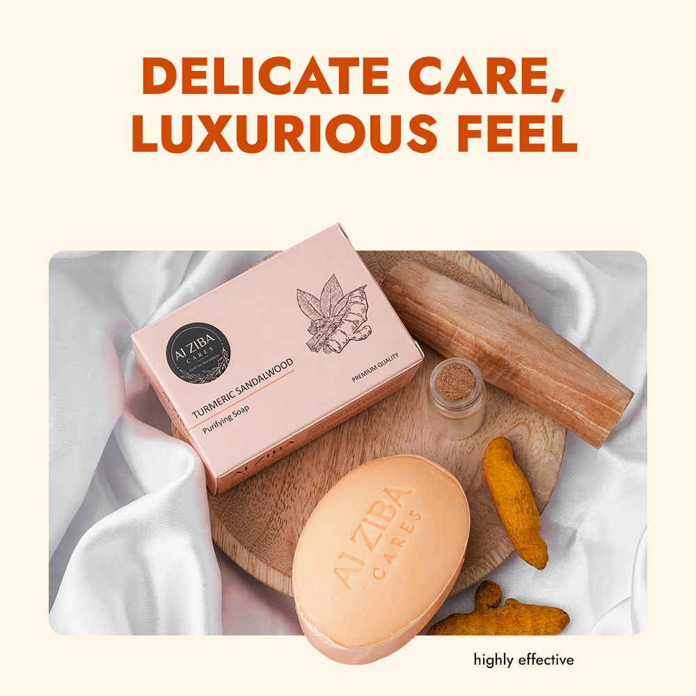 ALZIBA CARES Turmeric Sandalwood Soap (Pack of 4)  with Turmeric, Sandalwood, Aloe Vera and Glycerine  | For Purifying, Calming and Moisturising Skin   | High TFM (Grade 1), Vegan  | For all Skin Types  | 100G * 4 Soap Bar ALZIBA CARES Turmeric Sandalwood Soap (Pack of 4)  with Turmeric, Sandalwood, Aloe Vera and Glycerine  | For Purifying, Calming and Moisturising Skin   | High TFM (Grade 1), Vegan  | For all Skin Types  | 100G * 4 Soap Bar