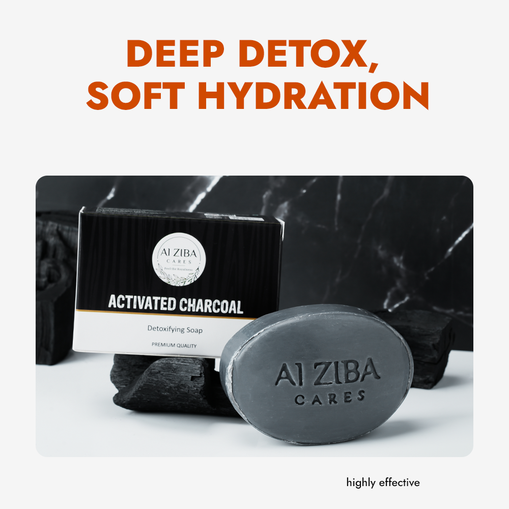 ALZIBA CARES Activated Charcoal Soap (Pack of 4)  with Bamboo Charcoal and Glycerine  | For Clean, Detox and Hydrates Skin  | High TFM Grade 1, Vegan  | For all Skin Types  | 100G * 4 Soap Bar ALZIBA CARES Activated Charcoal Soap (Pack of 4)  with Bamboo Charcoal and Glycerine  | For Clean, Detox and Hydrates Skin  | High TFM Grade 1, Vegan  | For all Skin Types  | 100G * 4 Soap Bar