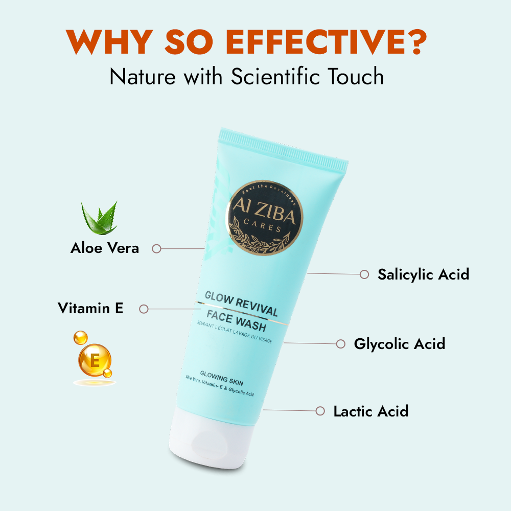ALZIBA CARES Glow Revival Face wash with Glycolic, Salicylic, Lactic Acid, Aloe Vera & Vitamin E | for Glowing & Radiant Skin & reduce Hyperpigmentation | 100 ML | for Men and Women, All Season & all Skin Types ALZIBA CARES Glow Revival Face wash with Glycolic, Salicylic, Lactic Acid, Aloe Vera & Vitamin E | for Glowing & Radiant Skin & reduce Hyperpigmentation | 100 ML | for Men and Women, All Season & all Skin Types