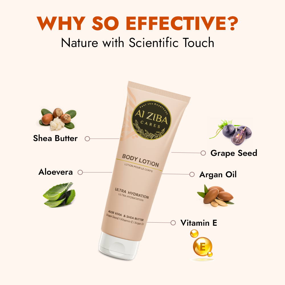 ALZIBA CARES Ultra Hydration Body Lotion with Shea Butter, Aloe Vera, Grape Seed, Argan Oil and Vitamin E | For All Day Hydrated, Protected, Soft and Supple Skin | 180 ML | For Men and Women & All Skin Types ALZIBA CARES Ultra Hydration Body Lotion with Shea Butter, Aloe Vera, Grape Seed, Argan Oil and Vitamin E | For All Day Hydrated, Protected, Soft and Supple Skin | 180 ML | For Men and Women & All Skin Types