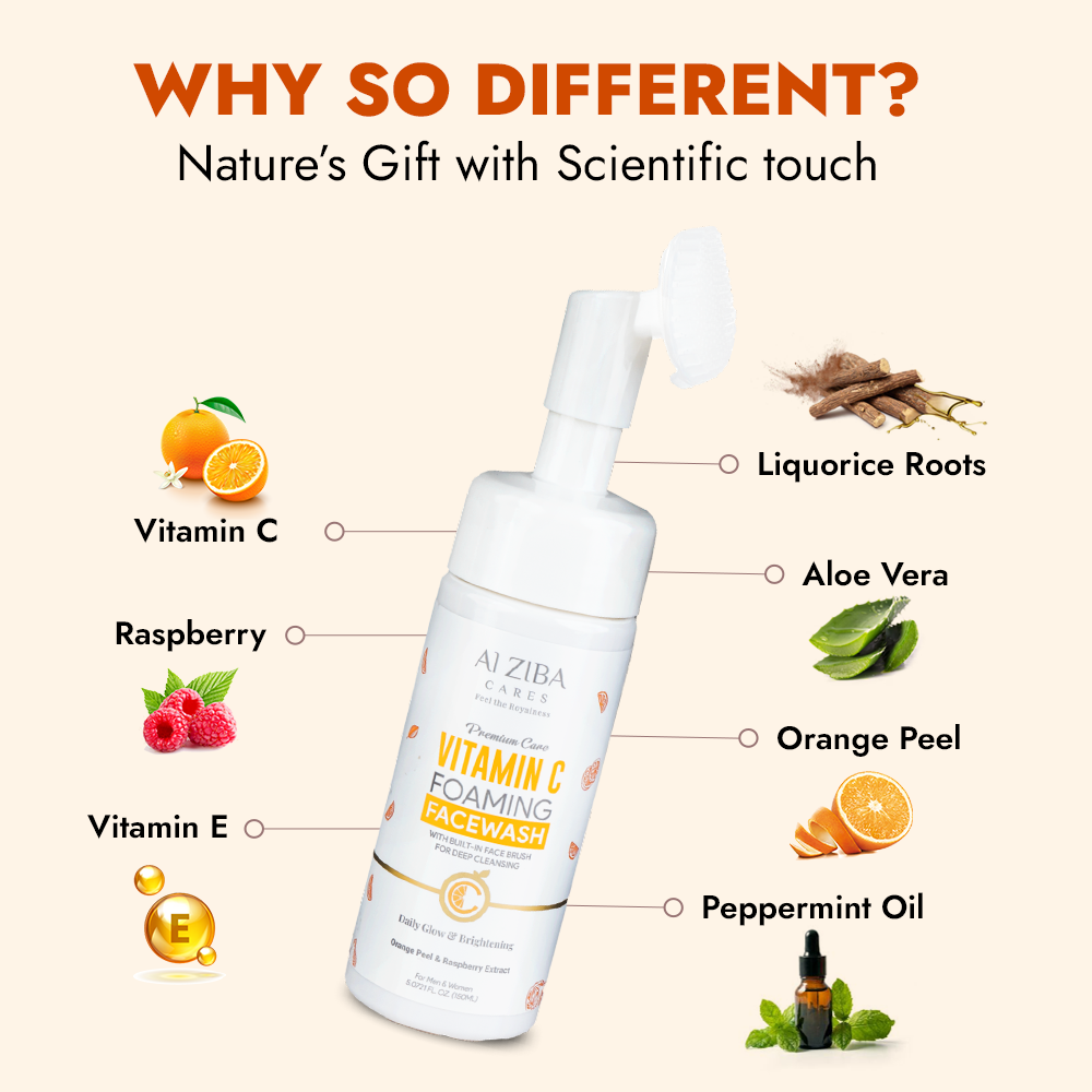 ALZIBA CARES Vitamin C Foaming Face wash with Orange Peel, Raspberry, Liquorice, Aloe Vera and Vitamin E | for Glowing, Brightening and Anti Aging | 150 ML | for Men and Women, All Season & all Skin Types ALZIBA CARES Vitamin C Foaming Face wash with Orange Peel, Raspberry, Liquorice, Aloe Vera and Vitamin E | for Glowing, Brightening and Anti Aging | 150 ML | for Men and Women, All Season & all Skin Types