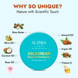 ALZIBA CARES Vegan Deep Moisturization Cold Cream with Shea Butter, Argan, Olive, Almond, Coconut & Rose Oil and Vitamin E | For Deep Moisturization, Soft and Supple Skin | 100GMs | for Men and Women, all Skin Types