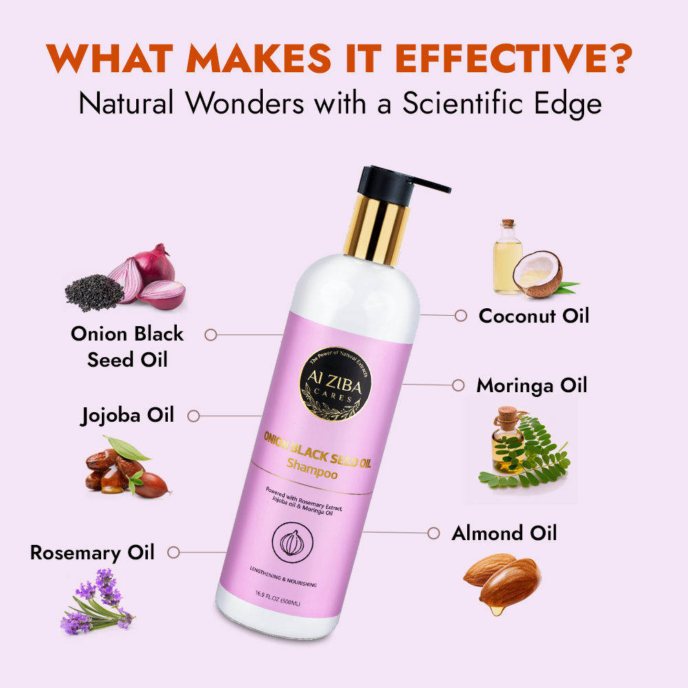 ALZIBA CARES Onion Black Seed oil Shampoo with Rosemary, Jojoba, Moringa, Coconut and Almond Oil | For Lenghthening & Nourishing Hair & Strong Hair | 500 ML | for Men and Women, All Season & all Hair Types ALZIBA CARES Onion Black Seed oil Shampoo with Rosemary, Jojoba, Moringa, Coconut and Almond Oil | For Lenghthening & Nourishing Hair & Strong Hair | 500 ML | for Men and Women, All Season & all Hair Types