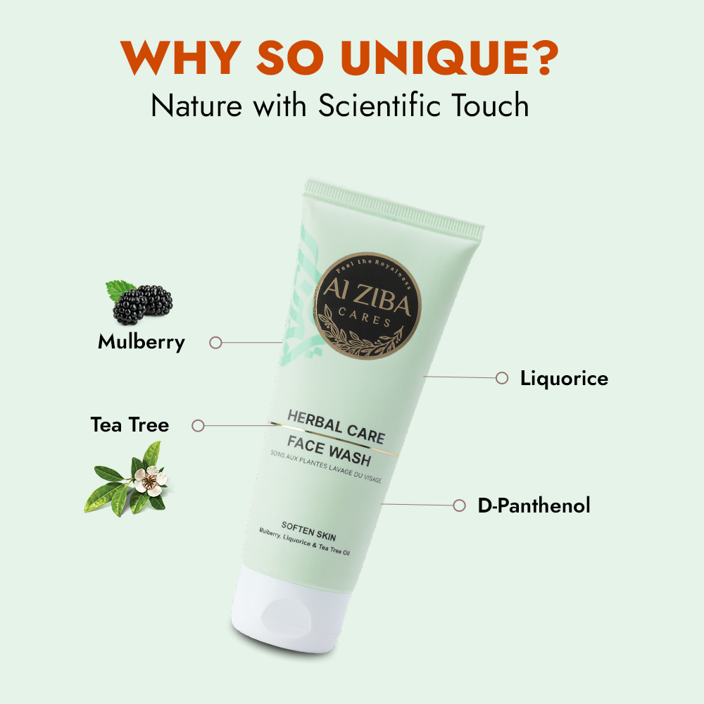 ALZIBA CARES Herbal Care Face wash with Mulberry, Liquorice, Tea Tree oil & D-Panthenol | for Soft, Supple & Balanced Skin | 100 ML | for Men and Women, All Season & all Skin Types ALZIBA CARES Herbal Care Face wash with Mulberry, Liquorice, Tea Tree oil & D-Panthenol | for Soft, Supple & Balanced Skin | 100 ML | for Men and Women, All Season & all Skin Types