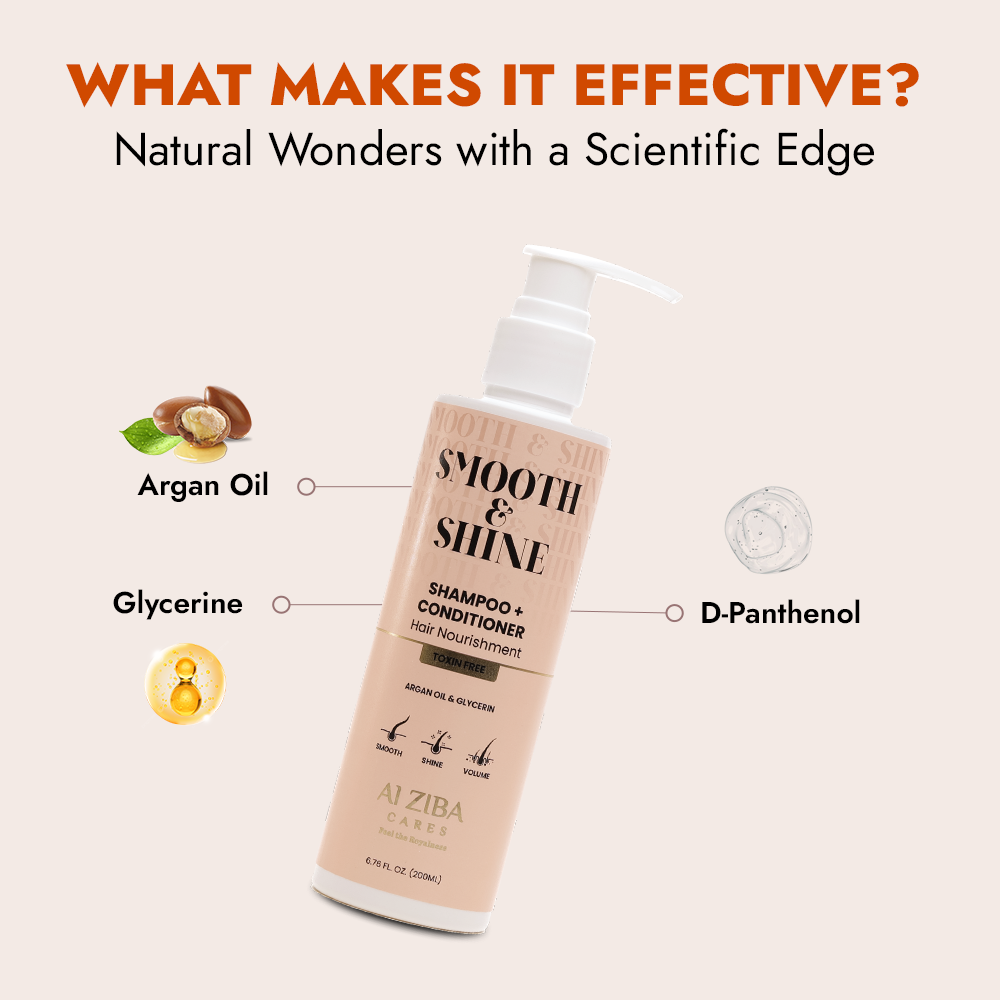 ALZIBA CARES Smooth and Shine Hair Nourishment Shampoo with Argan oil and Glycerine | For Smooth,Shiny and Volume hair | 200 ML Shampoo Plus Conditioner | for Men and Women, All Season & all Hair Types ALZIBA CARES Smooth and Shine Hair Nourishment Shampoo with Argan oil and Glycerine | For Smooth,Shiny and Volume hair | 200 ML Shampoo Plus Conditioner | for Men and Women, All Season & all Hair Types