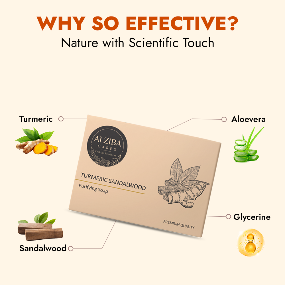ALZIBA CARES Turmeric Sandalwood Soap (Pack of 4)  with Turmeric, Sandalwood, Aloe Vera and Glycerine  | For Purifying, Calming and Moisturising Skin   | High TFM (Grade 1), Vegan  | For all Skin Types  | 100G * 4 Soap Bar ALZIBA CARES Turmeric Sandalwood Soap (Pack of 4)  with Turmeric, Sandalwood, Aloe Vera and Glycerine  | For Purifying, Calming and Moisturising Skin   | High TFM (Grade 1), Vegan  | For all Skin Types  | 100G * 4 Soap Bar