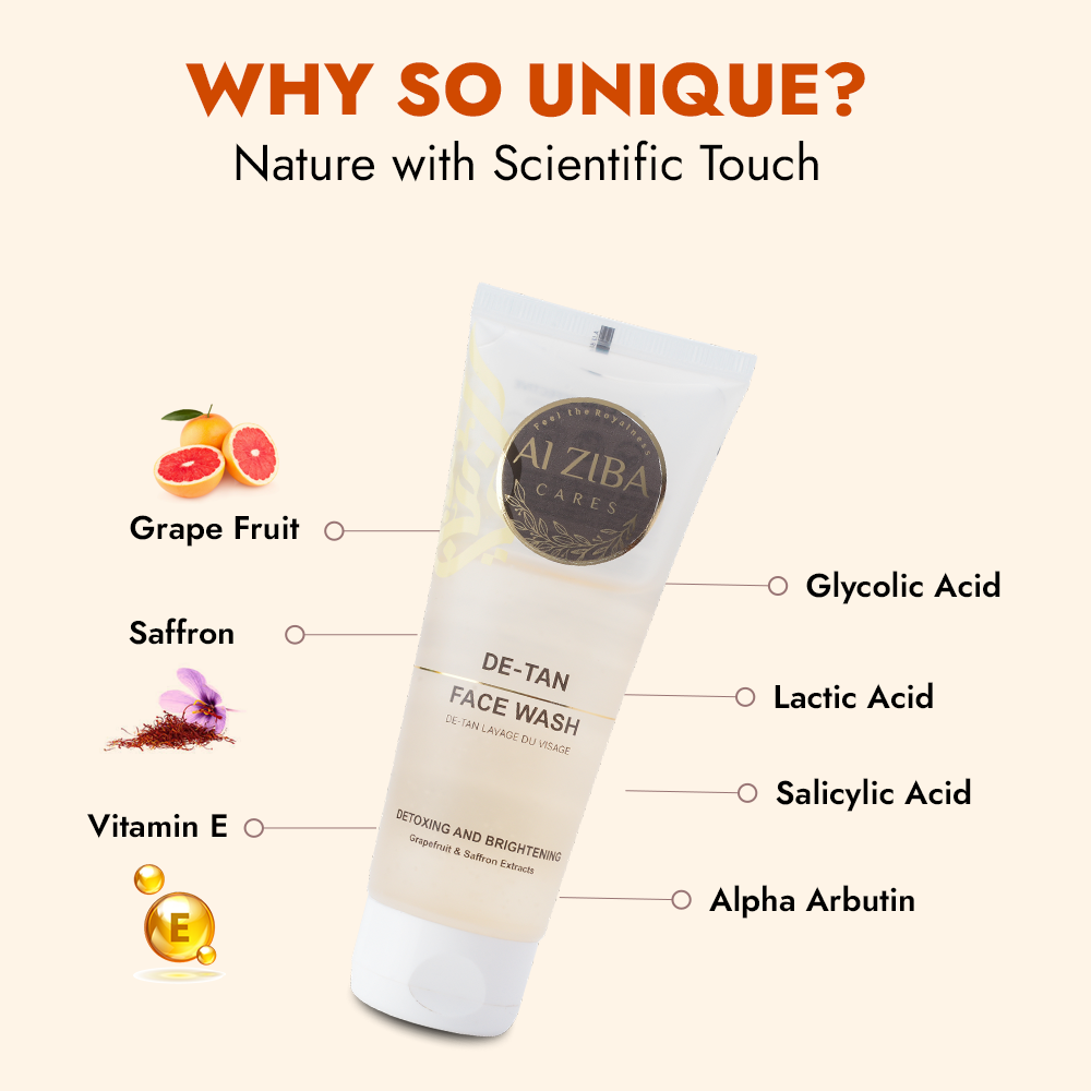 ALZIBA CARES De-Tan Face wash with Grapefruit, Saffron, Glycolic Acid and Vitamin E | for Skin Detoxing, Detanning and Skin Brightening | 100 ML | for Men and Women, All Season & All Skin Types ALZIBA CARES De-Tan Face wash with Grapefruit, Saffron, Glycolic Acid and Vitamin E | for Skin Detoxing, Detanning and Skin Brightening | 100 ML | for Men and Women, All Season & All Skin Types