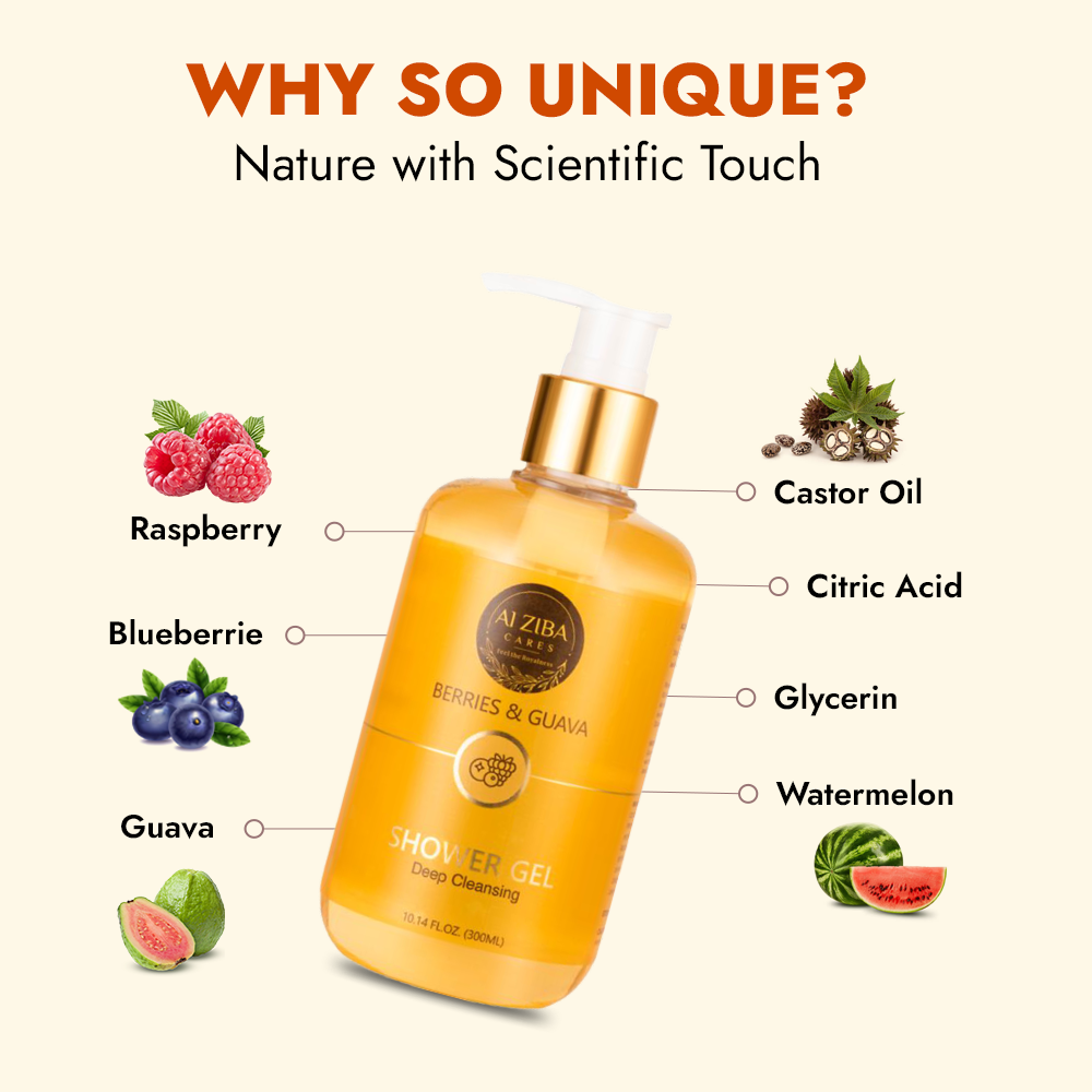 ALZIBA CARES Berries and Guava Shower Gel with Watermelon, Citric Acid, Glycerine and Castor Oil| For Cleansed, Refreshed, Radiant and Pampered Skin | 300 ML | for Men and Women, All Season & all Skin Types ALZIBA CARES Berries and Guava Shower Gel with Watermelon, Citric Acid, Glycerine and Castor Oil| For Cleansed, Refreshed, Radiant and Pampered Skin | 300 ML | for Men and Women, All Season & all Skin Types