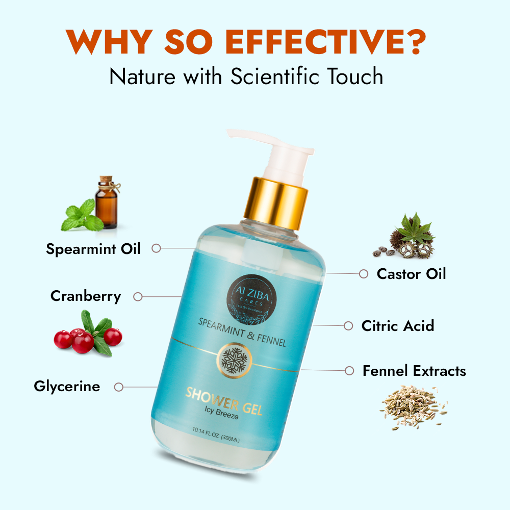 ALZIBA CARES Spearmint and Fennel Shower Gel  with Cranberry, Glycerin and Citric Acid  | For Cooling, Refreshing and Nourished Skin | 300 ML | for Men and Women, All Season & all Skin Types ALZIBA CARES Spearmint and Fennel Shower Gel  with Cranberry, Glycerin and Citric Acid  | For Cooling, Refreshing and Nourished Skin | 300 ML | for Men and Women, All Season & all Skin Types