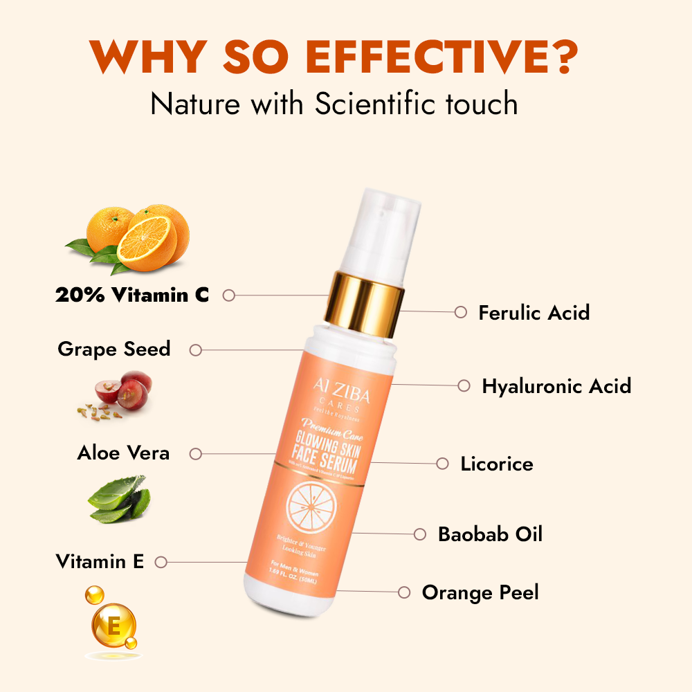 ALZIBA CARES 20% Vitamin C Glowing Face Serum with Hyaluronic & Ferulic Acid, Grape seed, Baobab oil, Licorice and Aloevera | For Glowing, Brightening & Anti Aging Skin | 50 ML | for Men and Women, All Season & all Skin Types ALZIBA CARES 20% Vitamin C Glowing Face Serum with Hyaluronic & Ferulic Acid, Grape seed, Baobab oil, Licorice and Aloevera | For Glowing, Brightening & Anti Aging Skin | 50 ML | for Men and Women, All Season & all Skin Types
