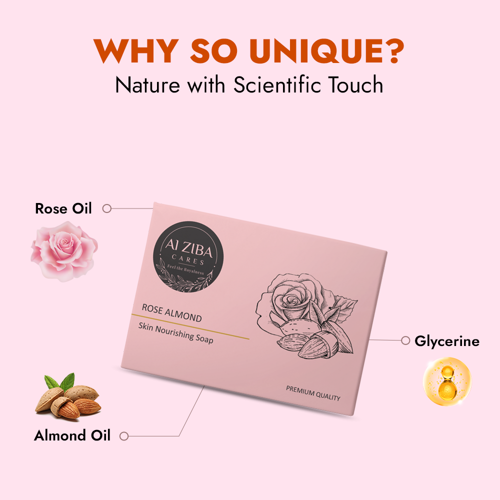 ALZIBA CARES Rose Almond Soap (Pack of 4)  with Rose Oil, Almond Oil and Glycerine  | For Clean, Nourished, Moisturized Skin   | High TFM (Grade 1), Vegan  | For all Skin Types  | 100G * 4 Soap Bar ALZIBA CARES Rose Almond Soap (Pack of 4)  with Rose Oil, Almond Oil and Glycerine  | For Clean, Nourished, Moisturized Skin   | High TFM (Grade 1), Vegan  | For all Skin Types  | 100G * 4 Soap Bar