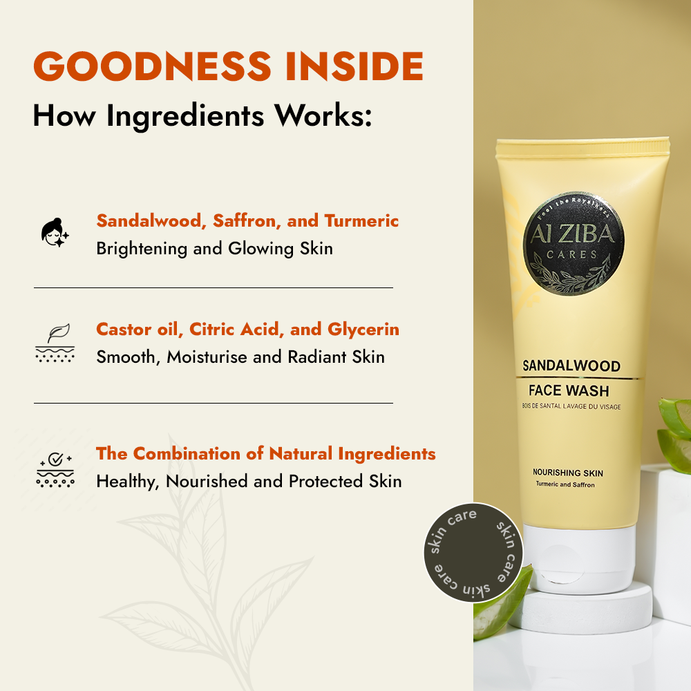 ALZIBA CARES Sandalwood Face wash with Saffron Turmeric Extracts & Citric Acid | Effective for skin Cleansing,  Brightening and Nuourishing | 100 ML | for Men and Women, All Season & all Skin Types ALZIBA CARES Sandalwood Face wash with Saffron Turmeric Extracts & Citric Acid | Effective for skin Cleansing,  Brightening and Nuourishing | 100 ML | for Men and Women, All Season & all Skin Types