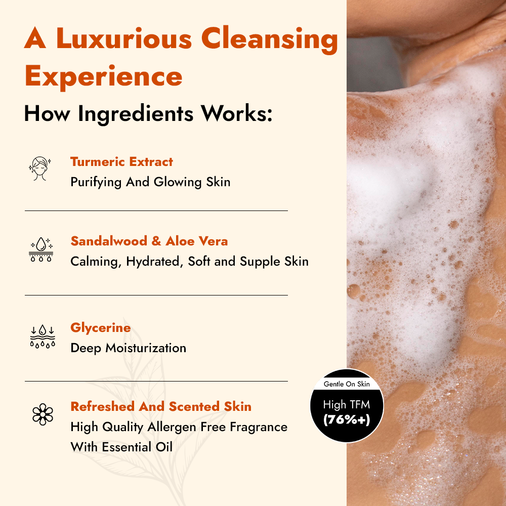 ALZIBA CARES Turmeric Sandalwood Soap (Pack of 4)  with Turmeric, Sandalwood, Aloe Vera and Glycerine  | For Purifying, Calming and Moisturising Skin   | High TFM (Grade 1), Vegan  | For all Skin Types  | 100G * 4 Soap Bar ALZIBA CARES Turmeric Sandalwood Soap (Pack of 4)  with Turmeric, Sandalwood, Aloe Vera and Glycerine  | For Purifying, Calming and Moisturising Skin   | High TFM (Grade 1), Vegan  | For all Skin Types  | 100G * 4 Soap Bar