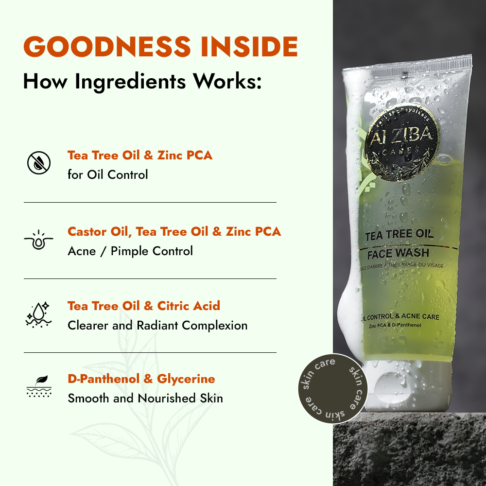 ALZIBA CARES Tea Tree Oil Face wash with Tea Tree Oil, ZINC PCA & D-Panthenol | for Acne and Oil Control, Clean and Clear Skin | 100 ML | for Men and Women, All Season & All Skin Types ALZIBA CARES Tea Tree Oil Face wash with Tea Tree Oil, ZINC PCA & D-Panthenol | for Acne and Oil Control, Clean and Clear Skin | 100 ML | for Men and Women, All Season & All Skin Types