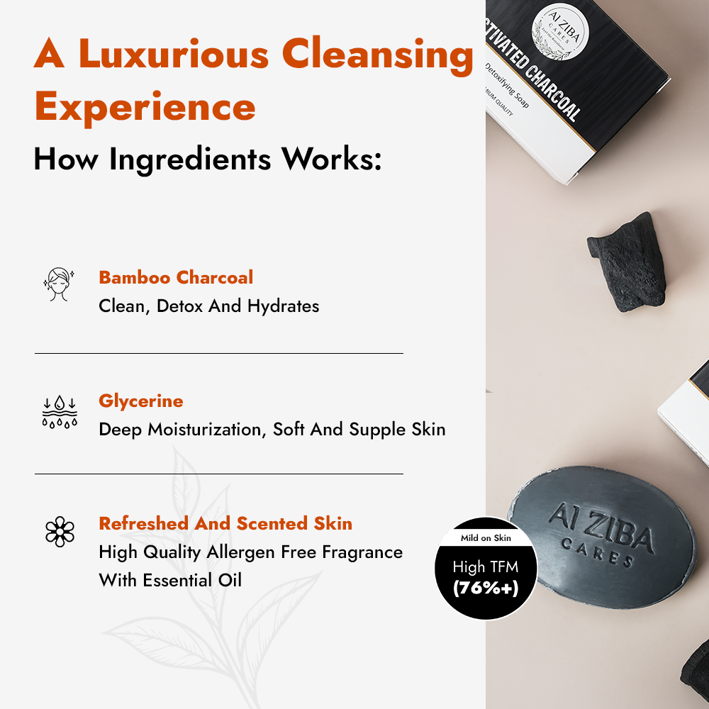 ALZIBA CARES Activated Charcoal Soap (Pack of 4)  with Bamboo Charcoal and Glycerine  | For Clean, Detox and Hydrates Skin  | High TFM Grade 1, Vegan  | For all Skin Types  | 100G * 4 Soap Bar ALZIBA CARES Activated Charcoal Soap (Pack of 4)  with Bamboo Charcoal and Glycerine  | For Clean, Detox and Hydrates Skin  | High TFM Grade 1, Vegan  | For all Skin Types  | 100G * 4 Soap Bar