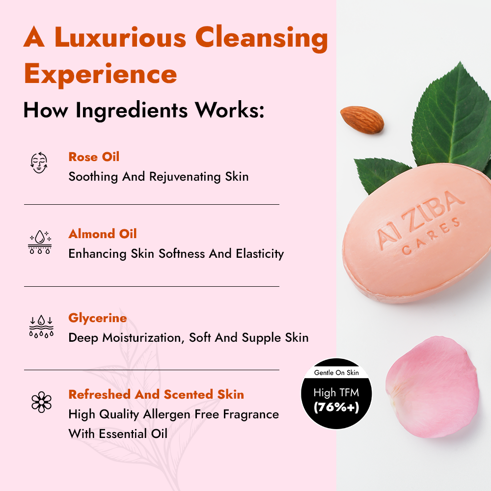 ALZIBA CARES Rose Almond Soap (Pack of 4)  with Rose Oil, Almond Oil and Glycerine  | For Clean, Nourished, Moisturized Skin   | High TFM (Grade 1), Vegan  | For all Skin Types  | 100G * 4 Soap Bar ALZIBA CARES Rose Almond Soap (Pack of 4)  with Rose Oil, Almond Oil and Glycerine  | For Clean, Nourished, Moisturized Skin   | High TFM (Grade 1), Vegan  | For all Skin Types  | 100G * 4 Soap Bar