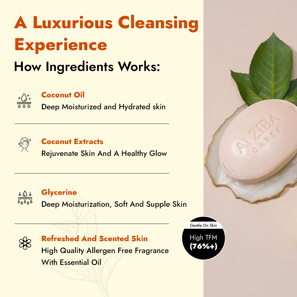 ALZIBA CARES Coconut Soap (Pack of 4)  with Coconut Oil, Coconut Extracts and Glycerine  | For Deep Moisturization and Hydrated Skin  | High TFM (Grade 1), Vegan  | For all Skin Types  | 100G * 4 Soap Bar ALZIBA CARES Coconut Soap (Pack of 4)  with Coconut Oil, Coconut Extracts and Glycerine  | For Deep Moisturization and Hydrated Skin  | High TFM (Grade 1), Vegan  | For all Skin Types  | 100G * 4 Soap Bar