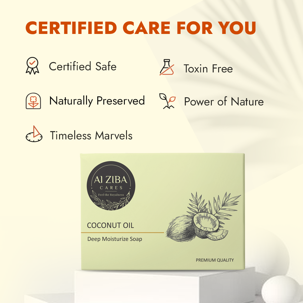 ALZIBA CARES Coconut Soap (Pack of 4)  with Coconut Oil, Coconut Extracts and Glycerine  | For Deep Moisturization and Hydrated Skin  | High TFM (Grade 1), Vegan  | For all Skin Types  | 100G * 4 Soap Bar ALZIBA CARES Coconut Soap (Pack of 4)  with Coconut Oil, Coconut Extracts and Glycerine  | For Deep Moisturization and Hydrated Skin  | High TFM (Grade 1), Vegan  | For all Skin Types  | 100G * 4 Soap Bar