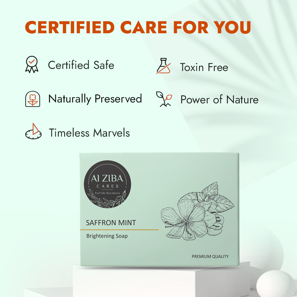 ALZIBA CARES Saffron Mint Soap (Pack of 4)  with Saffron, Mint & Cinnamon Oil  | For Brightening,  Cooling and Clear Skin  | High TFM (Grade 1), Vegan  | For all Skin Types  | 100G * 4 Soap Bar ALZIBA CARES Saffron Mint Soap (Pack of 4)  with Saffron, Mint & Cinnamon Oil  | For Brightening,  Cooling and Clear Skin  | High TFM (Grade 1), Vegan  | For all Skin Types  | 100G * 4 Soap Bar