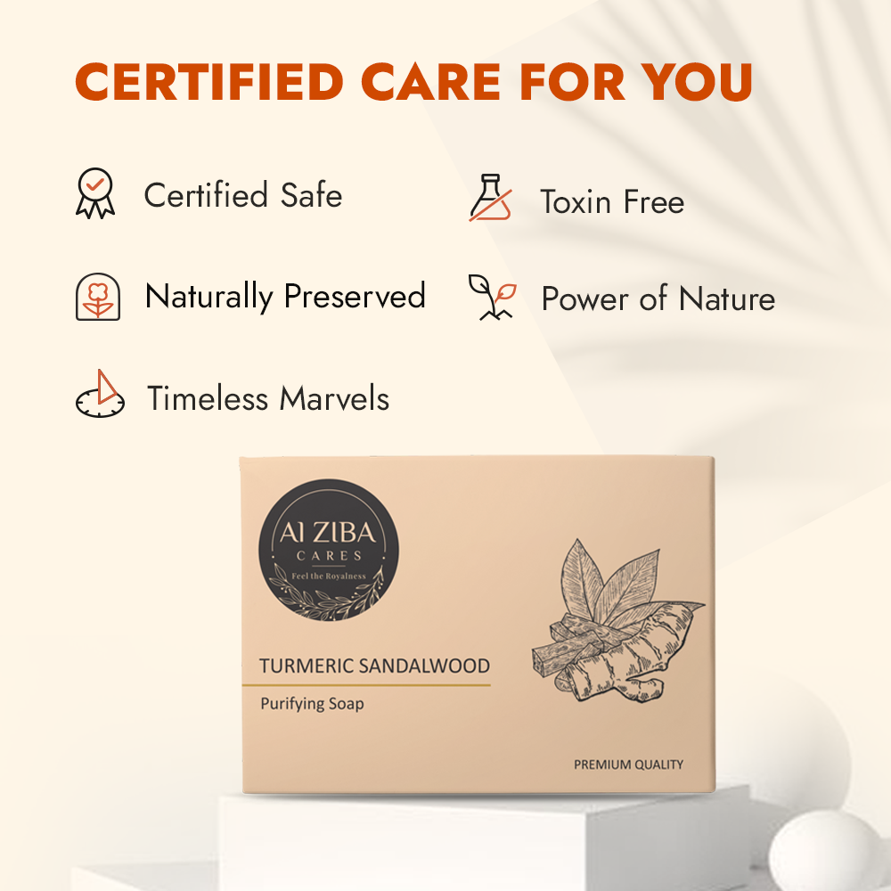 ALZIBA CARES Turmeric Sandalwood Soap (Pack of 4)  with Turmeric, Sandalwood, Aloe Vera and Glycerine  | For Purifying, Calming and Moisturising Skin   | High TFM (Grade 1), Vegan  | For all Skin Types  | 100G * 4 Soap Bar ALZIBA CARES Turmeric Sandalwood Soap (Pack of 4)  with Turmeric, Sandalwood, Aloe Vera and Glycerine  | For Purifying, Calming and Moisturising Skin   | High TFM (Grade 1), Vegan  | For all Skin Types  | 100G * 4 Soap Bar