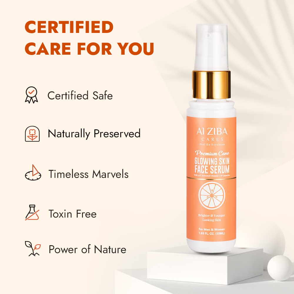 ALZIBA CARES 20% Vitamin C Glowing Face Serum with Hyaluronic & Ferulic Acid, Grape seed, Baobab oil, Licorice and Aloevera | For Glowing, Brightening & Anti Aging Skin | 50 ML | for Men and Women, All Season & all Skin Types ALZIBA CARES 20% Vitamin C Glowing Face Serum with Hyaluronic & Ferulic Acid, Grape seed, Baobab oil, Licorice and Aloevera | For Glowing, Brightening & Anti Aging Skin | 50 ML | for Men and Women, All Season & all Skin Types