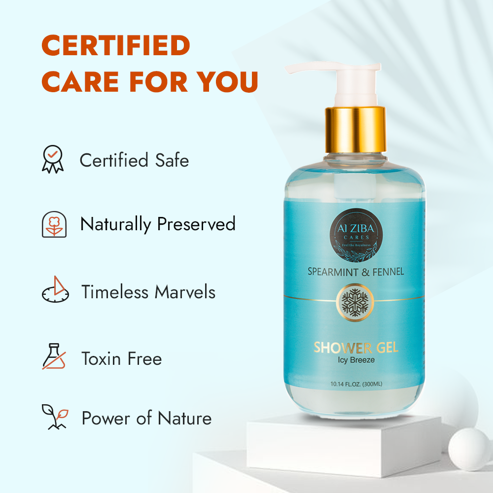 ALZIBA CARES Spearmint and Fennel Shower Gel  with Cranberry, Glycerin and Citric Acid  | For Cooling, Refreshing and Nourished Skin | 300 ML | for Men and Women, All Season & all Skin Types ALZIBA CARES Spearmint and Fennel Shower Gel  with Cranberry, Glycerin and Citric Acid  | For Cooling, Refreshing and Nourished Skin | 300 ML | for Men and Women, All Season & all Skin Types