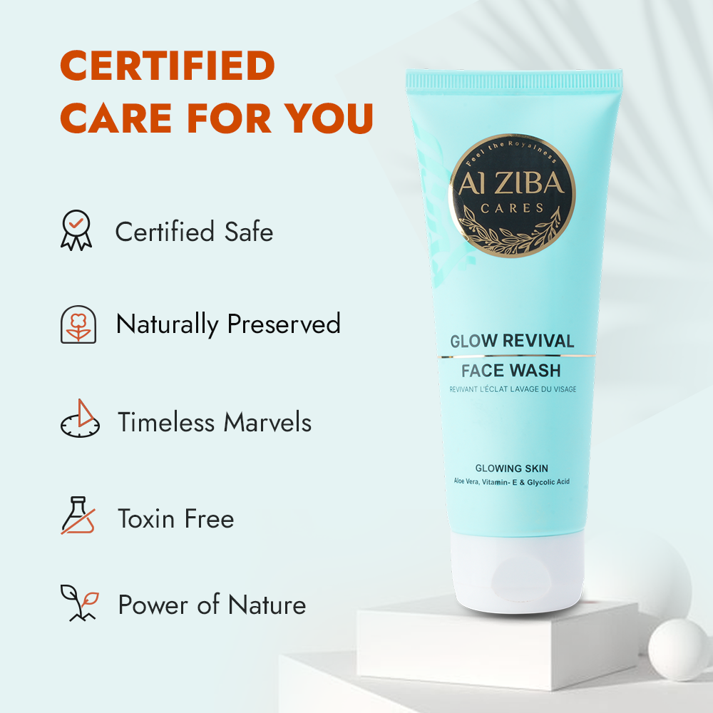 ALZIBA CARES Glow Revival Face wash with Glycolic, Salicylic, Lactic Acid, Aloe Vera & Vitamin E | for Glowing & Radiant Skin & reduce Hyperpigmentation | 100 ML | for Men and Women, All Season & all Skin Types ALZIBA CARES Glow Revival Face wash with Glycolic, Salicylic, Lactic Acid, Aloe Vera & Vitamin E | for Glowing & Radiant Skin & reduce Hyperpigmentation | 100 ML | for Men and Women, All Season & all Skin Types