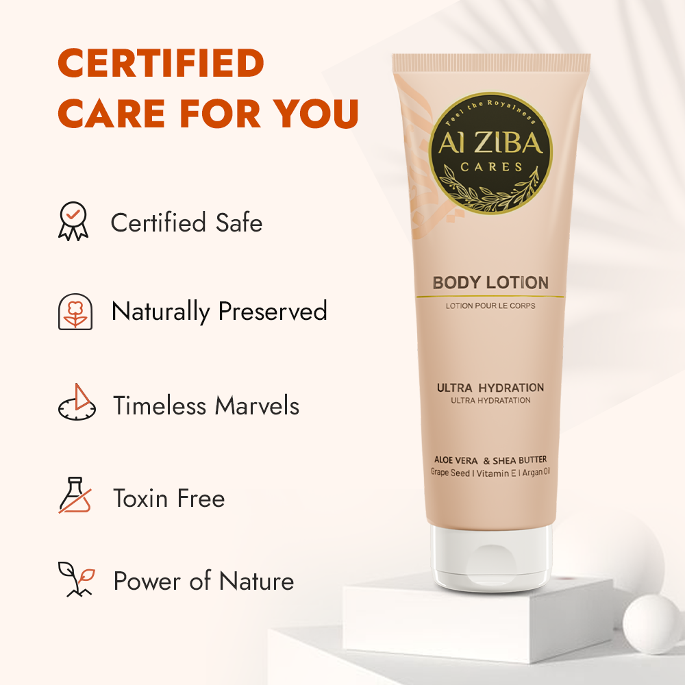 ALZIBA CARES Ultra Hydration Body Lotion with Shea Butter, Aloe Vera, Grape Seed, Argan Oil and Vitamin E | For All Day Hydrated, Protected, Soft and Supple Skin | 180 ML | For Men and Women & All Skin Types ALZIBA CARES Ultra Hydration Body Lotion with Shea Butter, Aloe Vera, Grape Seed, Argan Oil and Vitamin E | For All Day Hydrated, Protected, Soft and Supple Skin | 180 ML | For Men and Women & All Skin Types
