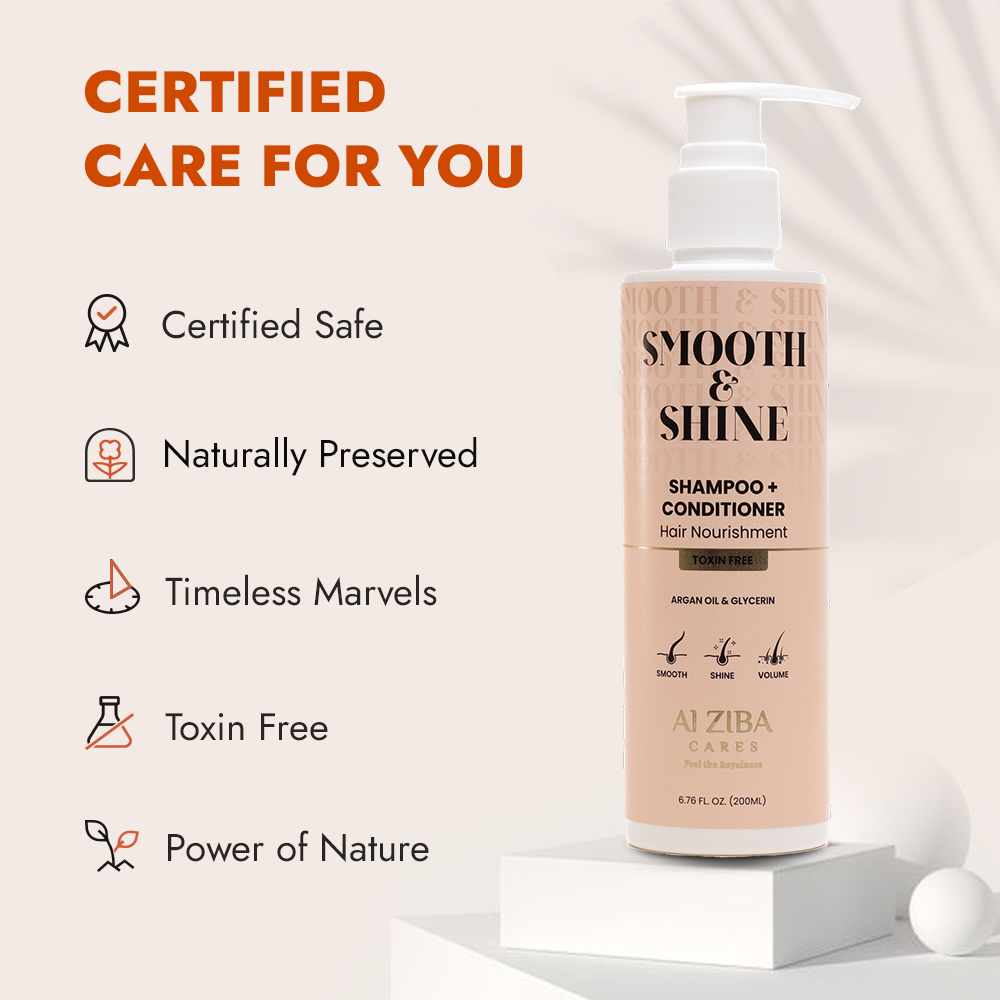 ALZIBA CARES Smooth and Shine Hair Nourishment Shampoo with Argan oil and Glycerine | For Smooth,Shiny and Volume hair | 200 ML Shampoo Plus Conditioner | for Men and Women, All Season & all Hair Types ALZIBA CARES Smooth and Shine Hair Nourishment Shampoo with Argan oil and Glycerine | For Smooth,Shiny and Volume hair | 200 ML Shampoo Plus Conditioner | for Men and Women, All Season & all Hair Types