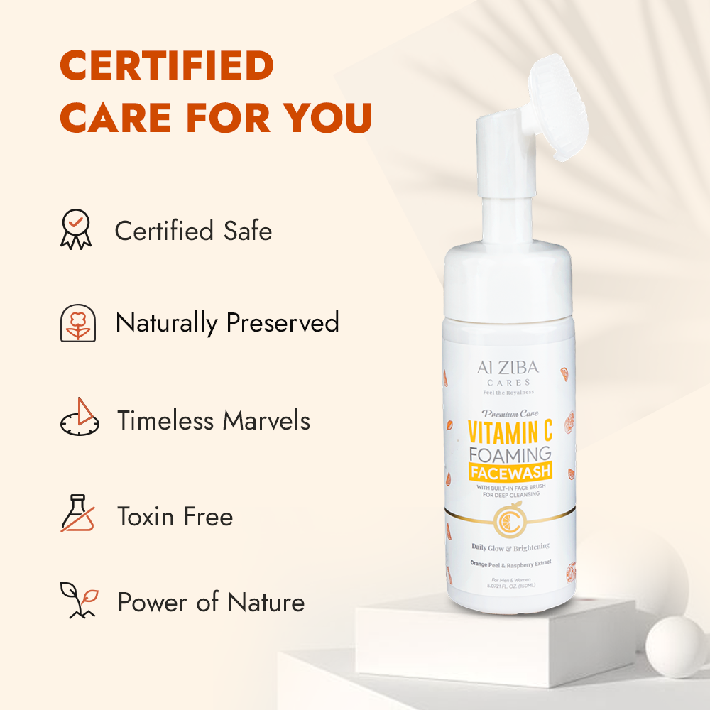 ALZIBA CARES Vitamin C Foaming Face wash with Orange Peel, Raspberry, Liquorice, Aloe Vera and Vitamin E | for Glowing, Brightening and Anti Aging | 150 ML | for Men and Women, All Season & all Skin Types ALZIBA CARES Vitamin C Foaming Face wash with Orange Peel, Raspberry, Liquorice, Aloe Vera and Vitamin E | for Glowing, Brightening and Anti Aging | 150 ML | for Men and Women, All Season & all Skin Types