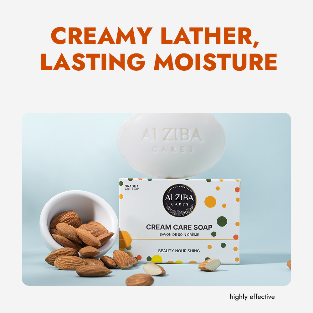 ALZIBA CARES Cream Care Soap (Pack of 4)  with Vitamin E and Almond Oil  | For Nourishing, Soft and Supple Skin   | High TFM (Grade 1), Vegan  | For all Skin Types  | 100G * 4 Soap Bar
