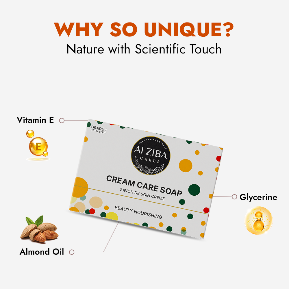 ALZIBA CARES Cream Care Soap (Pack of 4)  with Vitamin E and Almond Oil  | For Nourishing, Soft and Supple Skin   | High TFM (Grade 1), Vegan  | For all Skin Types  | 100G * 4 Soap Bar