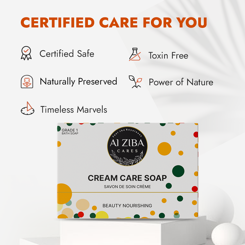 ALZIBA CARES Cream Care Soap (Pack of 4)  with Vitamin E and Almond Oil  | For Nourishing, Soft and Supple Skin   | High TFM (Grade 1), Vegan  | For all Skin Types  | 100G * 4 Soap Bar