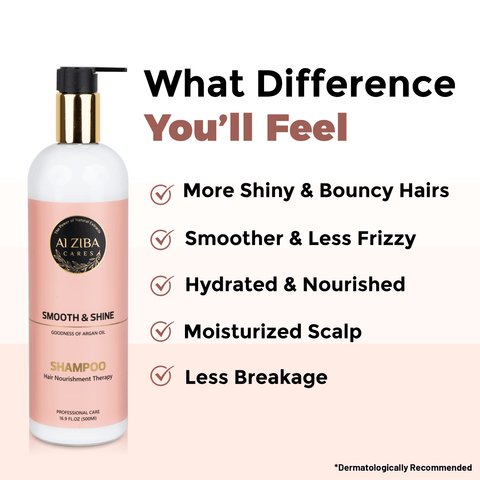ALZIBA CARES Smooth & Shine Shampoo | 10x Time More Smoother Hair with Natural Argan Oil, Glycerine and Vitamin B5 | Non-Toxic, Vegan, Gluten, Sulphate and Paraben Free | For Women & Men | 500ml - ALZIBA CARES