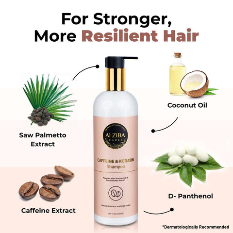 Caffeine and Keratin Shampoo with Niacinamide and Saw Palmetto Extract - Damage Control and Intense Repair - 500 ML - ALZIBA CARES